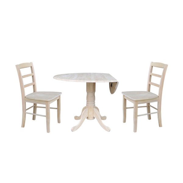 International Concepts Round 42 in Dual Drop Leaf Table with 2 Madrid Chairs, Unfinished, 42 in W, 42 in L, 29.75 in H - K-42DP-C2P-2