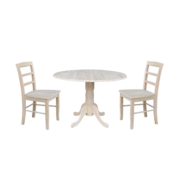 International Concepts Round 42 in Dual Drop Leaf Table with 2 Madrid Chairs, Unfinished, 42 in W, 42 in L, 29.75 in H - K-42DP-C2P-2