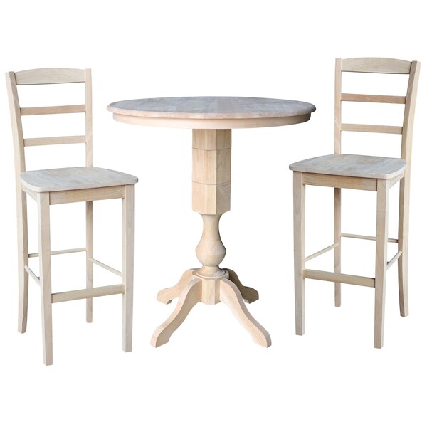 International Concepts Round 36 in Rd Pedestal Bar Height Table, 2 Madrid Bar Height Stools, Unfinished, 36 in W, 36 in L - K-36RT-11P-S403-2