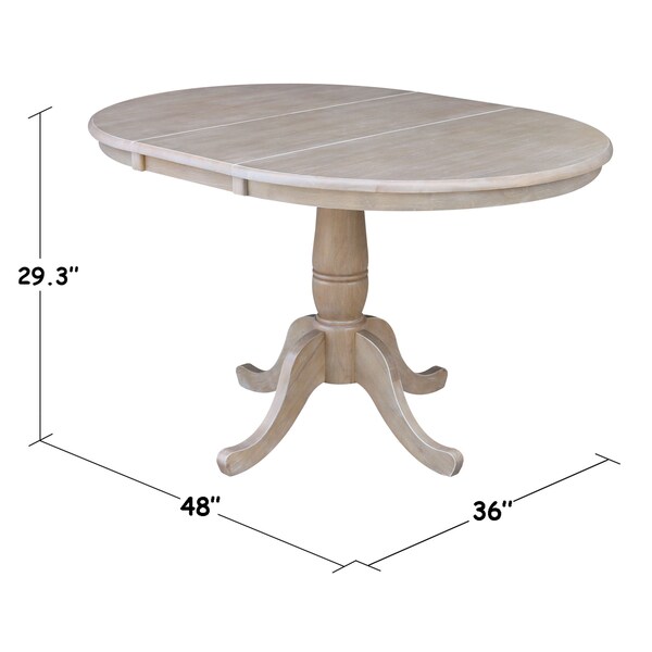 International Concepts Round 36 in Rd Top Pedestal Table, 12 in Leaf, 28.9 inH, Dining Ht, Washed Gray Taupe, 36 in W, 48 in L - K09-36RXT