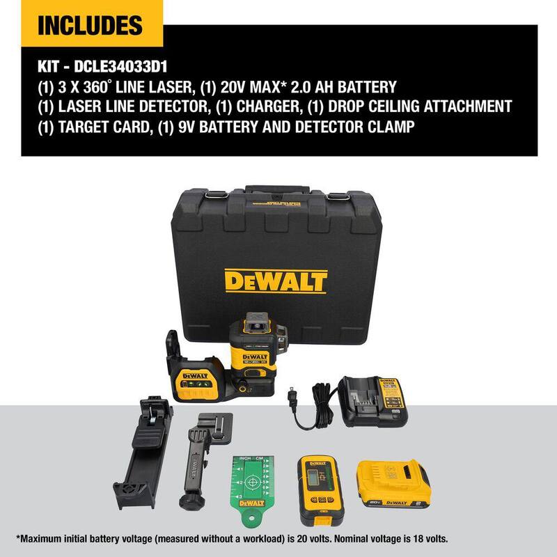 DEWALT 230 ft. Green Self-Leveling 3-Plane Laser Level Kit with 20-Volt 2.0 Ah Battery, Charger, Detector and Kitbox - DCLE34033D1