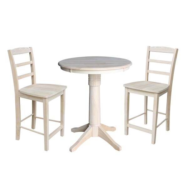 International Concepts Round 30 in Rd Ped Gathering Ht Table, 2 Madrid Counter Ht Stools, Unfinished, 30 in W, 30 in L, Wood - K-30RT-27B-S402-2
