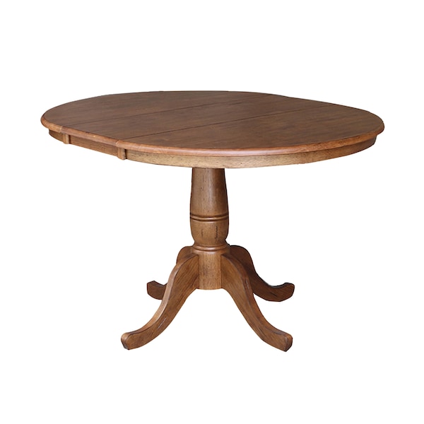 International Concepts Round 36 in Round Top Pedestal Table with 12 in Leaf, 29.3 in H, Distressed Oak, 36 in W, 48 in L - K42-36RXT