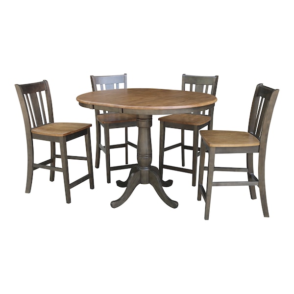 International Concepts Round 36 in Rd Extension Dining table, 4 San Remo counterHt stools, Hickory/Coal, 36 in W, 48 in L - K45-36RXT-6B-S102-4