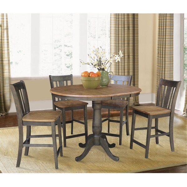 International Concepts Round 36 in Rd Extension Dining table, 4 San Remo counterHt stools, Hickory/Coal, 36 in W, 48 in L - K45-36RXT-6B-S102-4