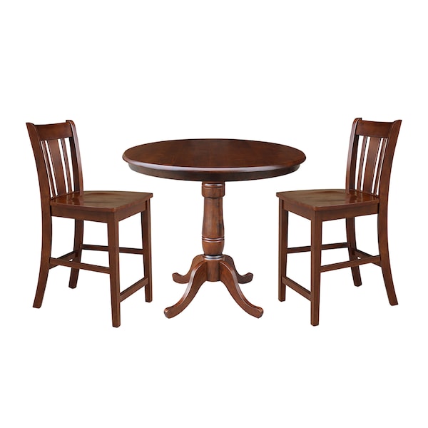 International Concepts Round 36 in Rd Ped Gathering Ht Table, 2 San Remo Counter Ht Stools, Espresso, 36 in W, 36 in L, Wood - K581-36RT-6B-S102-2