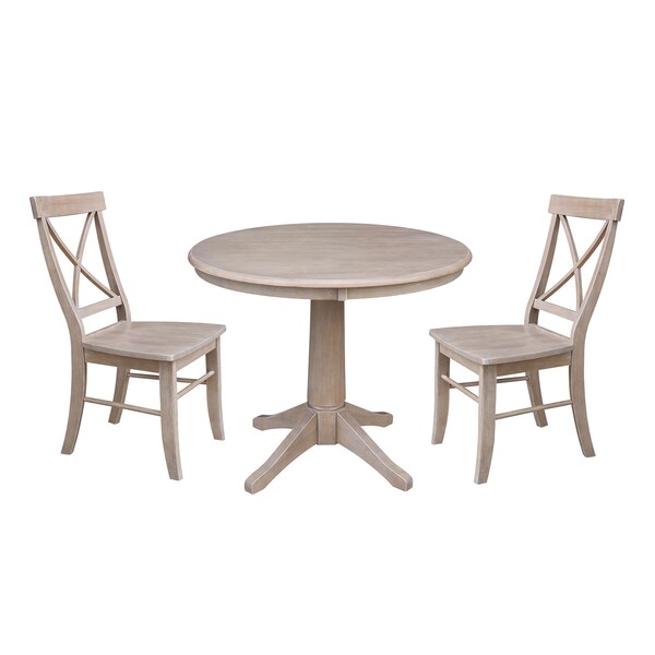 International Concepts Round 36 in Round Top Pedestal Table, with 2 X-Back Chairs, Washed Gray Taupe, 36 in W, 36 in L - K09-36RT-27B-C613-2