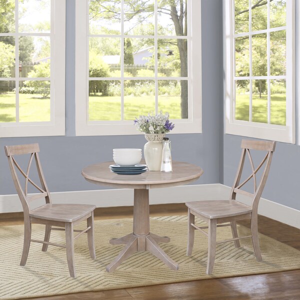 International Concepts Round 36 in Round Top Pedestal Table, with 2 X-Back Chairs, Washed Gray Taupe, 36 in W, 36 in L - K09-36RT-27B-C613-2