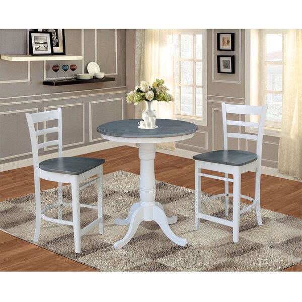 International Concepts Round 30 in Rd Ped Gathering Ht Table, 2 Emily Stools, White/Heather Gray, 30 in W, 30 in L, Wood - K05-30RT-6B-S6172-2