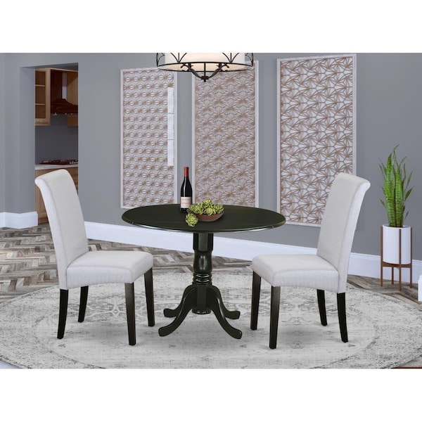 East West Furniture 3 Piece Dublin Small Round Table with Linen Grayish Blue Fabric Kitchen Chairs w/Black Chair Legs - DLBA3-BLK-05