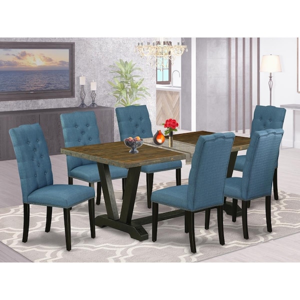 East West Furniture 7 Piece V-Style Dining Room Set - Wire Brushed Black - V677EL121-7