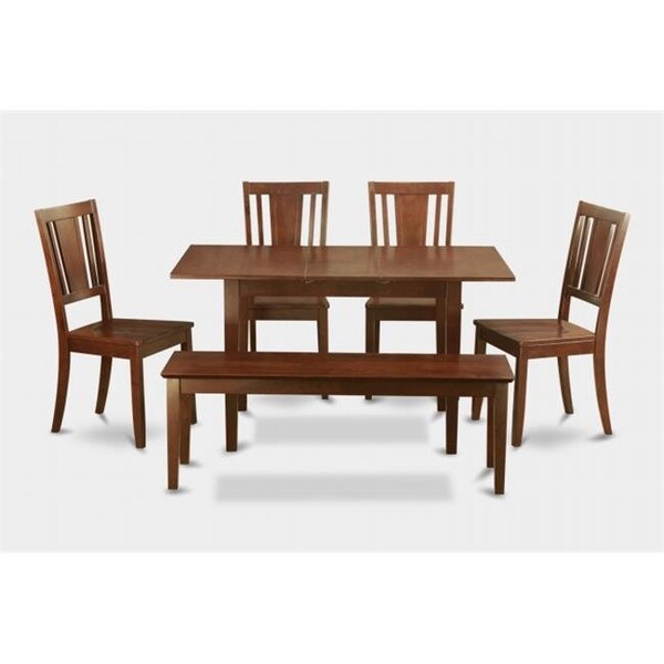 East West Furniture East West Furniture NODU6C-MAH-W Norfolk 6PC Set with rectangular table featured 12 in Butterfly Leaf and 4 wood seat chairs plus one 51-in Long bench - NODU6C-MAH-W