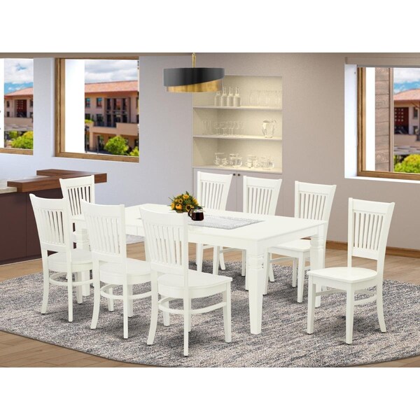 East West Furniture 9 Piece Logan Wood Dining Table Set - Linen White - LGVA9-LWH-W