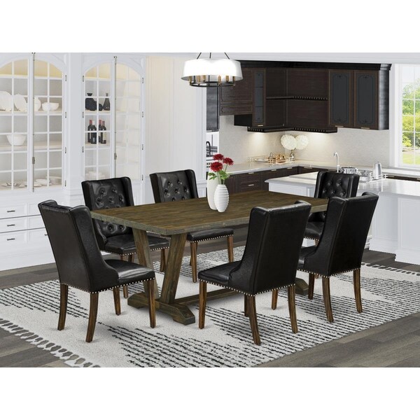 East West Furniture 7 Piece V-Style Dining Table Set - Distressed Jacobean - V777FO749-7