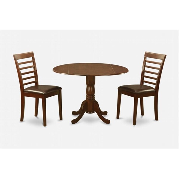East West Furniture 3PC Kitchen Round Table with 2 Drop Leaves and 2 Ladder-back Chairs with Faux Leather Seat in - DLML3-MAH-LC