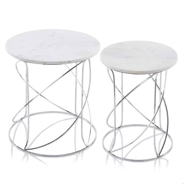 Homeroots 18.25 x 18.25 x 20.5 in. Buffed Giro Nested White Marble Table - Set of 2 - 354675