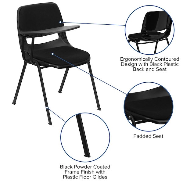 Flash Furniture Right Handed Tablet Arm Chair, Plastic, Bk, 21" W, 25.5" L, 32" H, Black - RUT-EO1-01-PAD-RTAB-GG