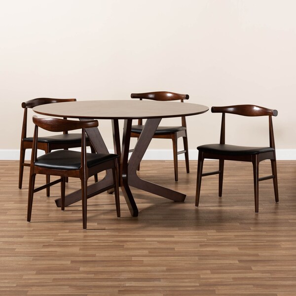 Baxton Studio Berlin Black Upholstered Walnut Finished 5-Piece Wood Dining Set - 155-9546-9545
