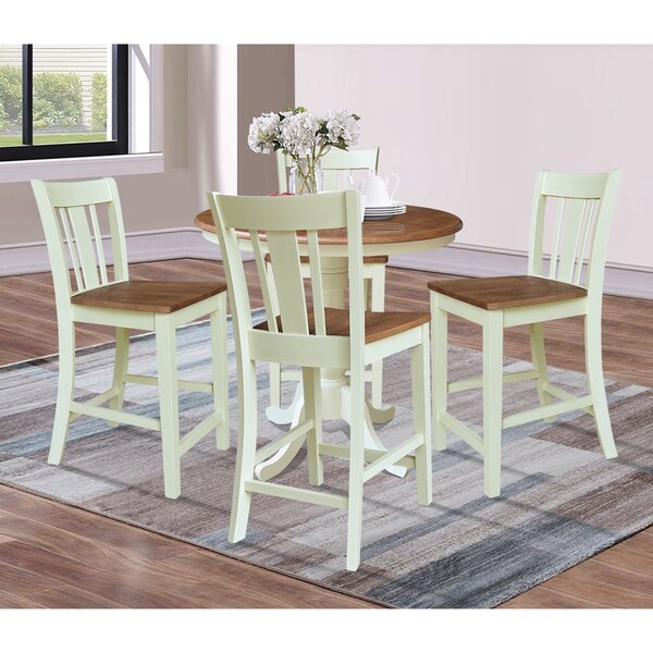 Whitewood Industries Rectangular Fixed Top Extension Pedestal Dining Table W/ 4 Counter Height Stools, 36 in W, 48 in H - K79-36RXT-6B-S102-4