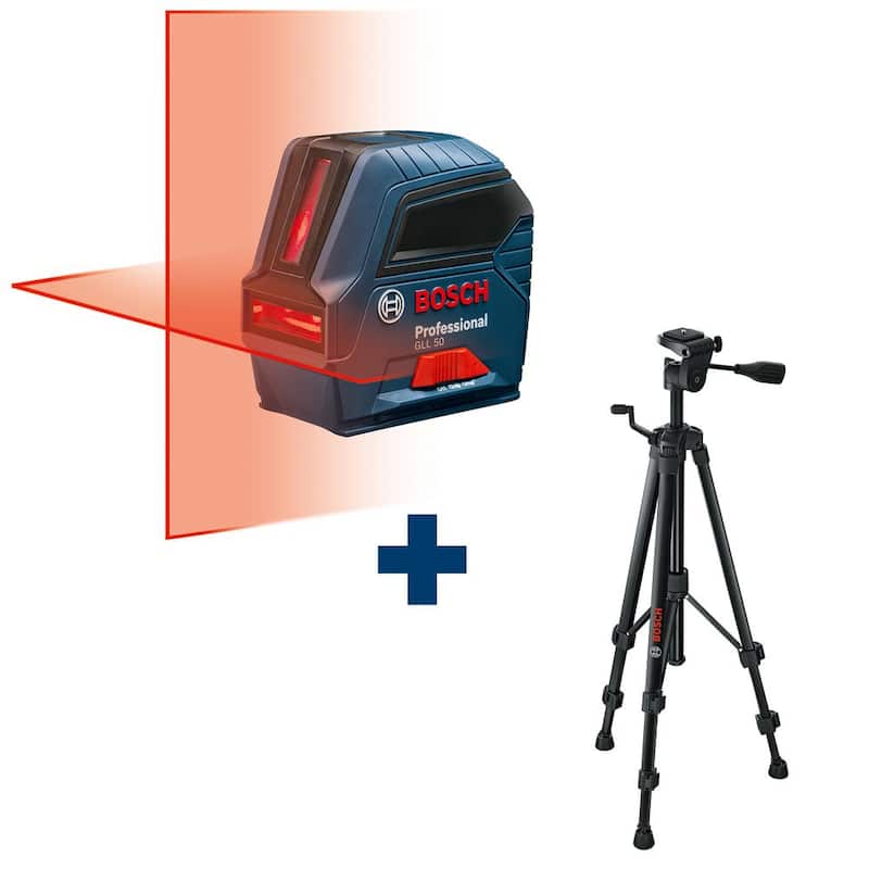 Bosch 50 ft. Cross Line Laser Level Self Leveling with L-Bracket Adjustable Mount and Compact Tripod with Extendable Height - GLL 50 + BT 150