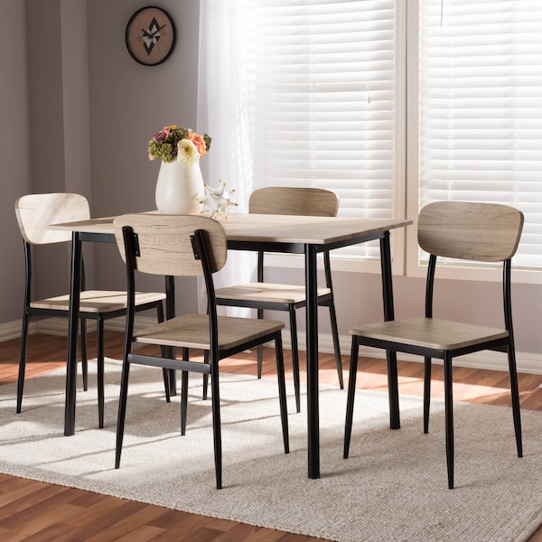 Baxton Studio Honore Light Brown Wood Finished Matte Black Frame 5-Piece Dining Set - 146-8659