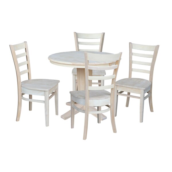 International Concepts 36 in. Solid Wood Round Extension Dining Table with 4 Dining Chairs, Unfinished - K-36RXT-23B-C617-4