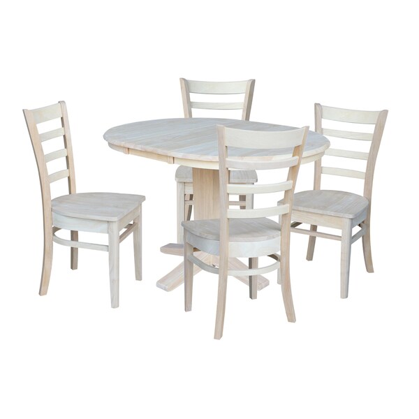 International Concepts 36 in. Solid Wood Round Extension Dining Table with 4 Dining Chairs, Unfinished - K-36RXT-23B-C617-4
