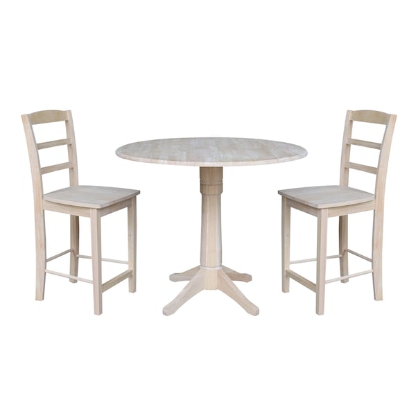 International Concepts Round 42 in Rd Ped Gathering Ht Table, 2 Stools, Unfinished, Ready to Finish, 42 in W, 42 in L, Wood - K-42DPT-27-S402-2