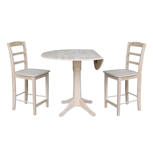 International Concepts Round 42 in Rd Ped Gathering Ht Table, 2 Stools, Unfinished, Ready to Finish, 42 in W, 42 in L, Wood - K-42DPT-27-S402-2