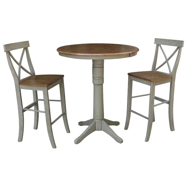 International Concepts Round 36 in Rd Extension Dining Table, 2 X-Back Bar Height Stools, Hickory/Stone, 36 in W, 48 in L - K41-36RXT-27B-S6133-2