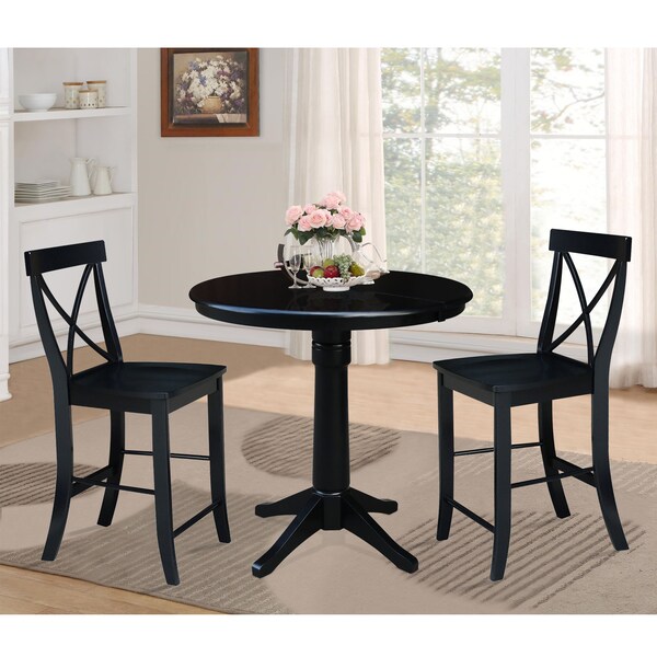 International Concepts Round 36 in Rd Extension Dining Table 34.9 inH, 2 X-Back Counter Ht Stools, Black, 36 in W, 48 in L - K46-36RXT-27B-S6132-2