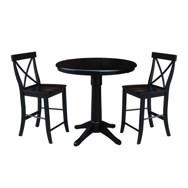International Concepts Round 36 in Rd Extension Dining Table 34.9 inH, 2 X-Back Counter Ht Stools, Black, 36 in W, 48 in L - K46-36RXT-27B-S6132-2