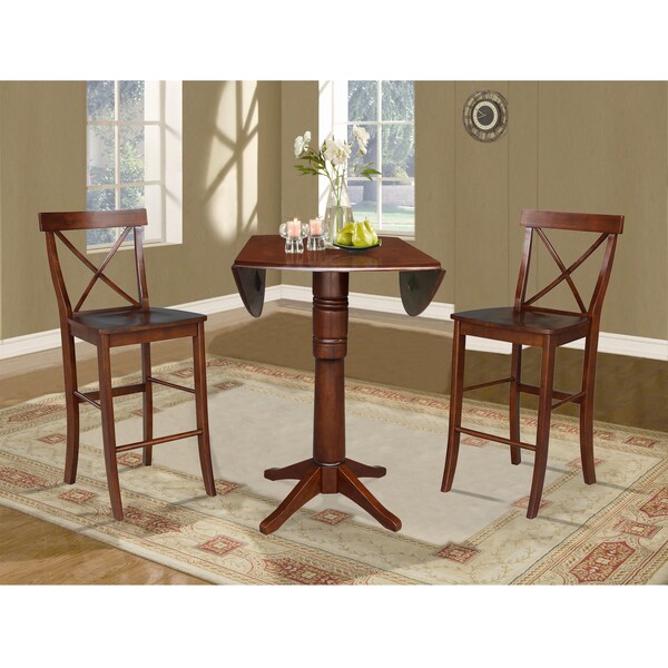 International Concepts Round 42 in Rd Pedestal Bar Ht Table, 2 Bar Ht Stools, Espresso, 42 in W, 42 in L, 41.5 in H, Wood - K581-42DPT-27-6133-2