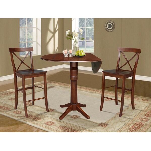 International Concepts Round 42 in Rd Pedestal Bar Ht Table, 2 Bar Ht Stools, Espresso, 42 in W, 42 in L, 41.5 in H, Wood - K581-42DPT-27-6133-2