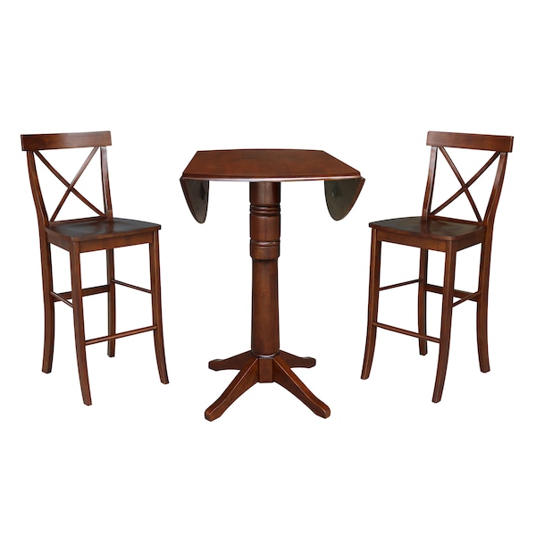 International Concepts Round 42 in Rd Pedestal Bar Ht Table, 2 Bar Ht Stools, Espresso, 42 in W, 42 in L, 41.5 in H, Wood - K581-42DPT-27-6133-2