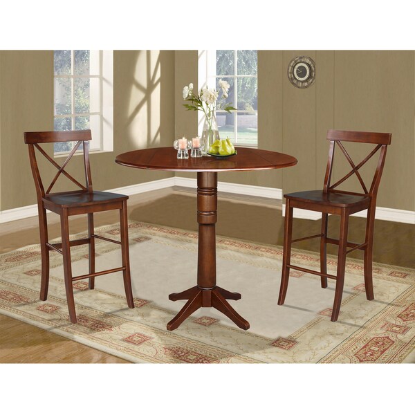 International Concepts Round 42 in Rd Pedestal Bar Ht Table, 2 Bar Ht Stools, Espresso, 42 in W, 42 in L, 41.5 in H, Wood - K581-42DPT-27-6133-2