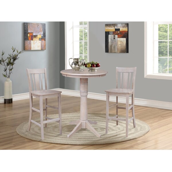 International Concepts Round 30 in Rd Pedestal Bar Ht Table, 2 San Remo Bar Ht Stools, Gray Taupe, 30 in W, 30 in L, Wood - K09-30RT-27B-6B-2-S103-2