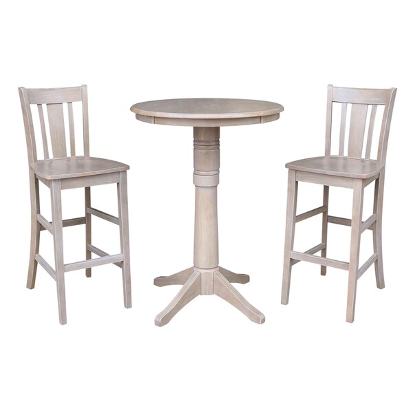International Concepts Round 30 in Rd Pedestal Bar Ht Table, 2 San Remo Bar Ht Stools, Gray Taupe, 30 in W, 30 in L, Wood - K09-30RT-27B-6B-2-S103-2
