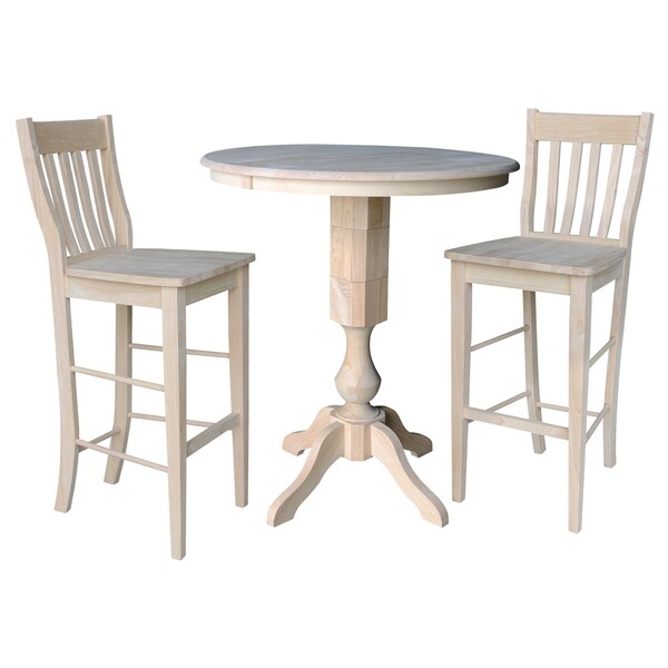 International Concepts Round 36 in Rd Extension Dining Table 40.9 inH, 2 Cafe Bar Ht Stools, Unfinished, 36 in W, 48 in L - K-36RXT-11P-S6163-2