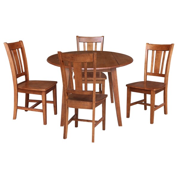 International Concepts 42 in. Solid Wood Round Dual Drop Leaf Dining Table with 4 Chairs in Distressed Oak - K42-42DL-C10-4