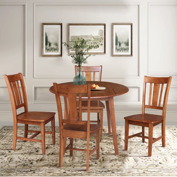 International Concepts 42 in. Solid Wood Round Dual Drop Leaf Dining Table with 4 Chairs in Distressed Oak - K42-42DL-C10-4
