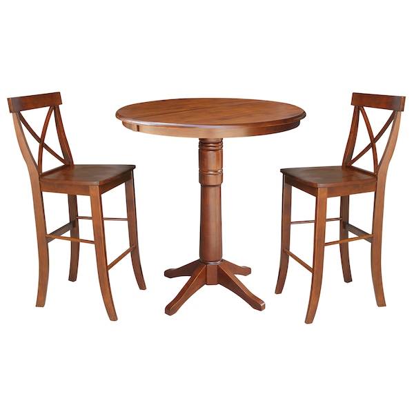 International Concepts Round 36 in Rd Extension Dining Table 40.9 inH, 2 X-Back Bar Ht Stools, Espresso, 36 in W, 48 in L - K581-36RXT-27-S61332