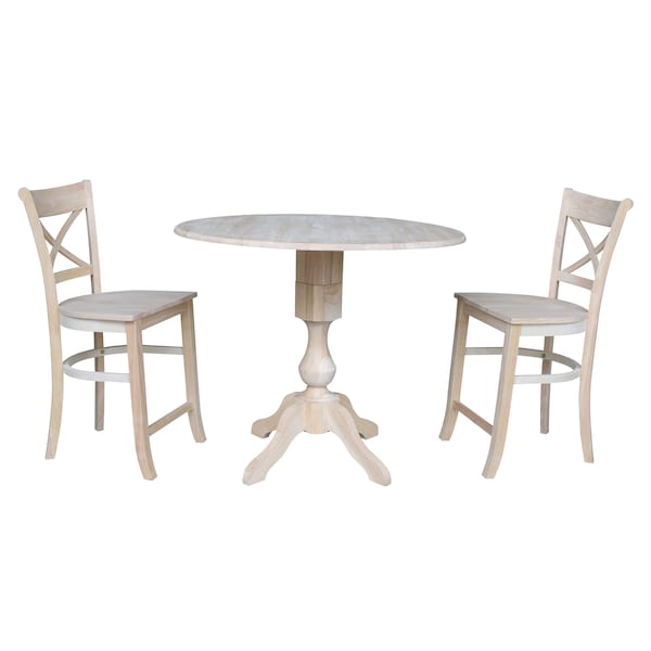 International Concepts Round 42 in Rd Ped Gathering Ht Table, 2 Stools, Unfinished, Ready to Finish, 42 in W, 42 in L, Wood - K-42DPT-11-S312-2