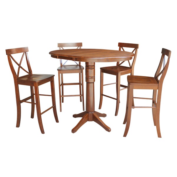 International Concepts Round 36 in Rd Extension Dining Table 40.9 inH, 4 X-Back Bar Ht Stools, Espresso, 36 in W, 48 in L - K581-36RXT-27-S61334