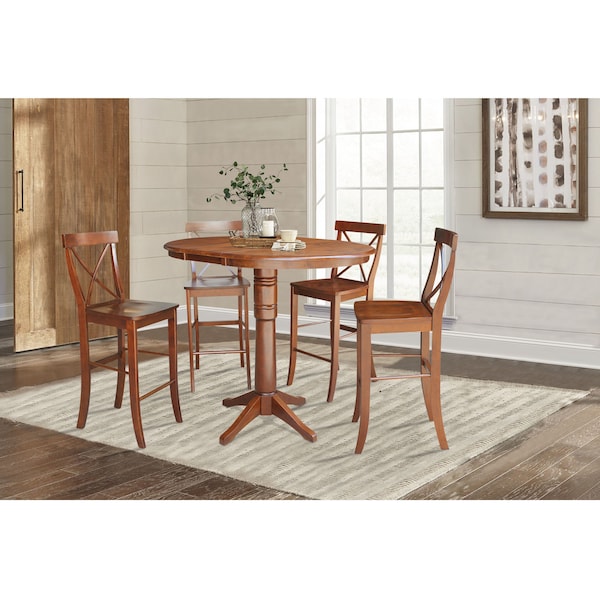 International Concepts Round 36 in Rd Extension Dining Table 40.9 inH, 4 X-Back Bar Ht Stools, Espresso, 36 in W, 48 in L - K581-36RXT-27-S61334