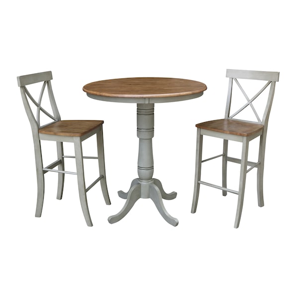 International Concepts Round 36 in Rd Pedestal Bar Ht Table, 2 X-Back Bar Ht Stools, Hickory/Stone, 36 in W, 36 in L, Wood - K41-36RT-6B-S6133-2
