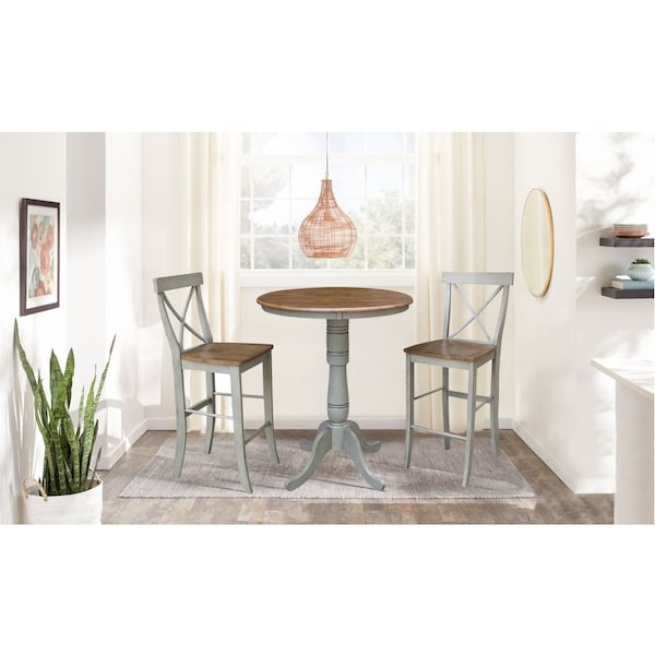 International Concepts Round 36 in Rd Pedestal Bar Ht Table, 2 X-Back Bar Ht Stools, Hickory/Stone, 36 in W, 36 in L, Wood - K41-36RT-6B-S6133-2