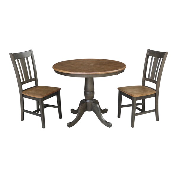 International Concepts Round 36 in Rd Extension Dining Table, 2 RTA Chairs, Hickory/Washed Coal, 36 in W, 48 in L, 29.3 in H - K45-36RXT-C10-2