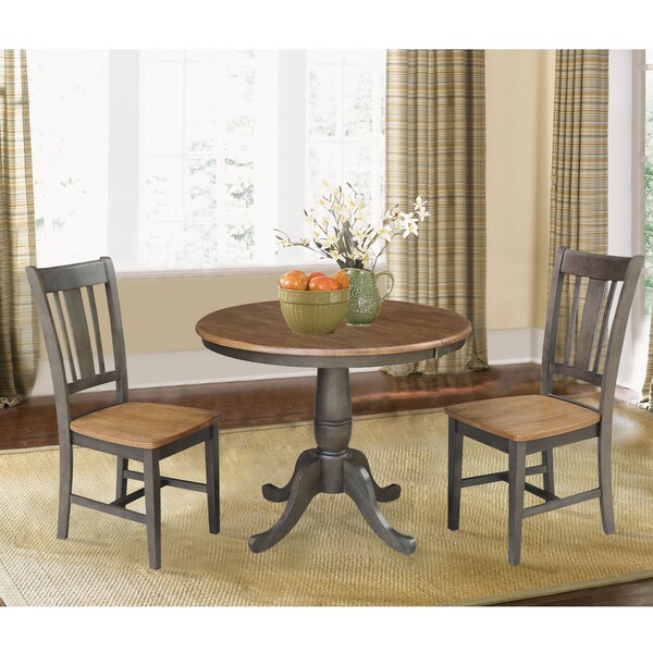 International Concepts Round 36 in Rd Extension Dining Table, 2 RTA Chairs, Hickory/Washed Coal, 36 in W, 48 in L, 29.3 in H - K45-36RXT-C10-2