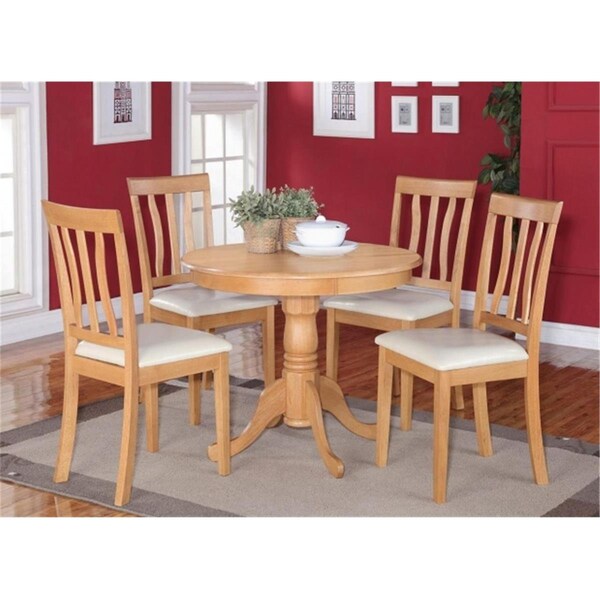 East West Furniture 5 -Piece Antique Round Kitchen 36 in. Table and 4 Chairs with Faux Leather seat - ANTI5-OAK-LC